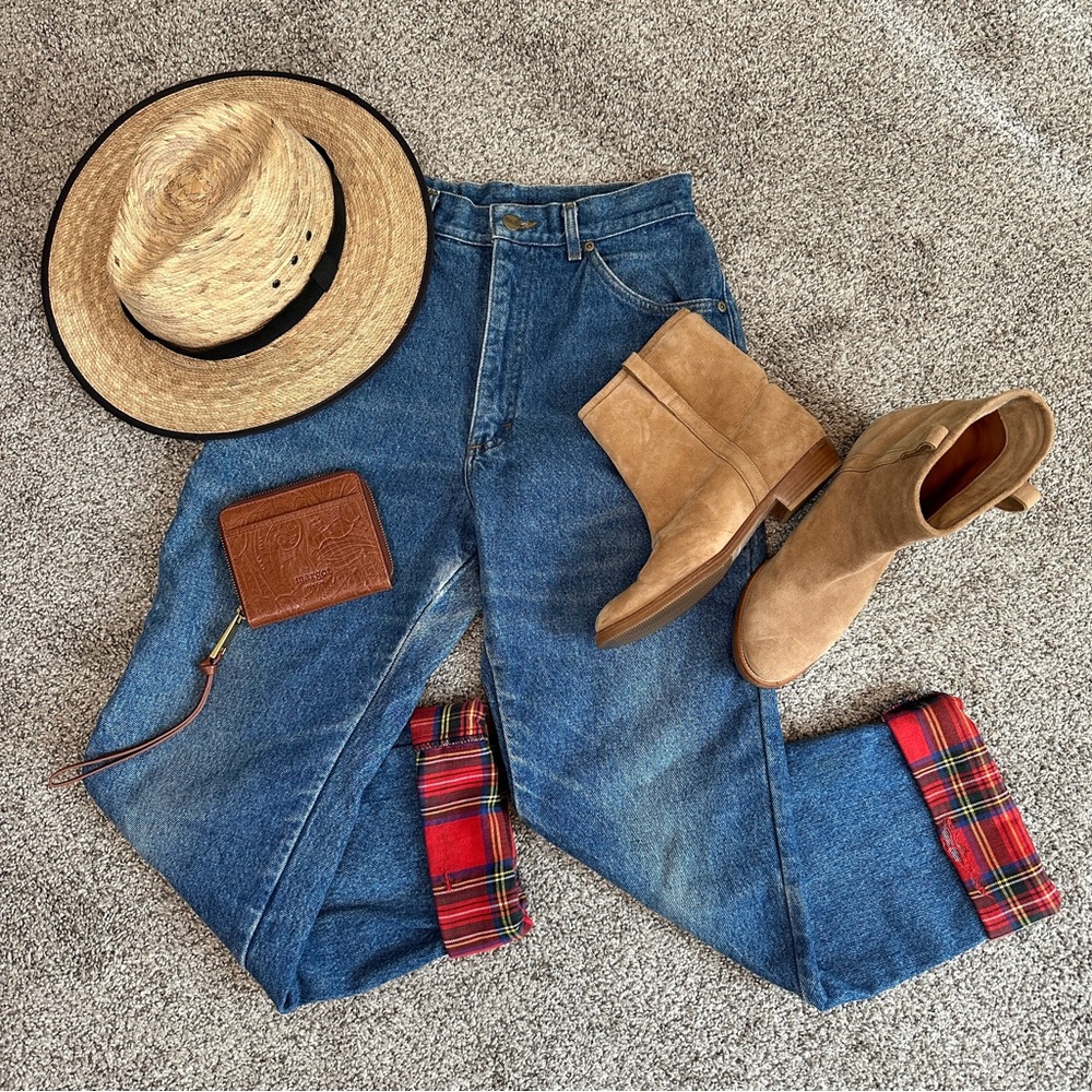 Vintage LL Bean Red Check Plaid Flannel Lined High Rise Waist Mom Jeans
